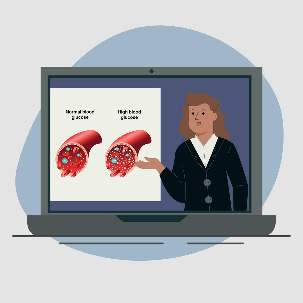 vector ilustración de un niña maestro. en línea lección acerca de diabetes.