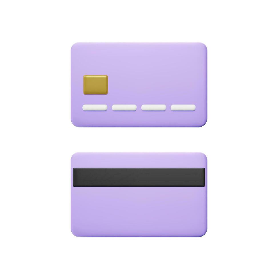 dibujos animados estilo púrpura crédito tarjeta frente y espalda vista. bancario operación. financiero actas y pagos crédito tarjeta para en línea pago o compras. vector ilustración