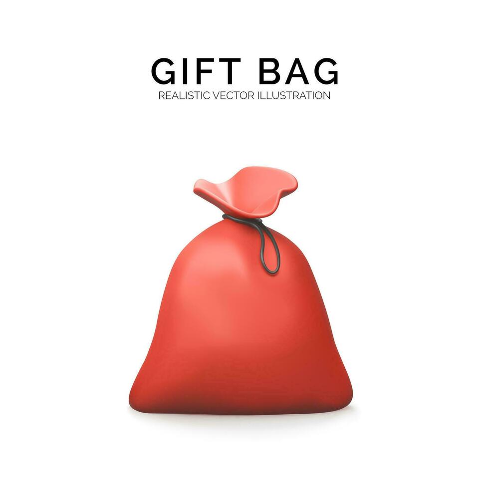 Design of red gift bag in realistic cartoon style. Traditional sack with gifts. Vector illustration