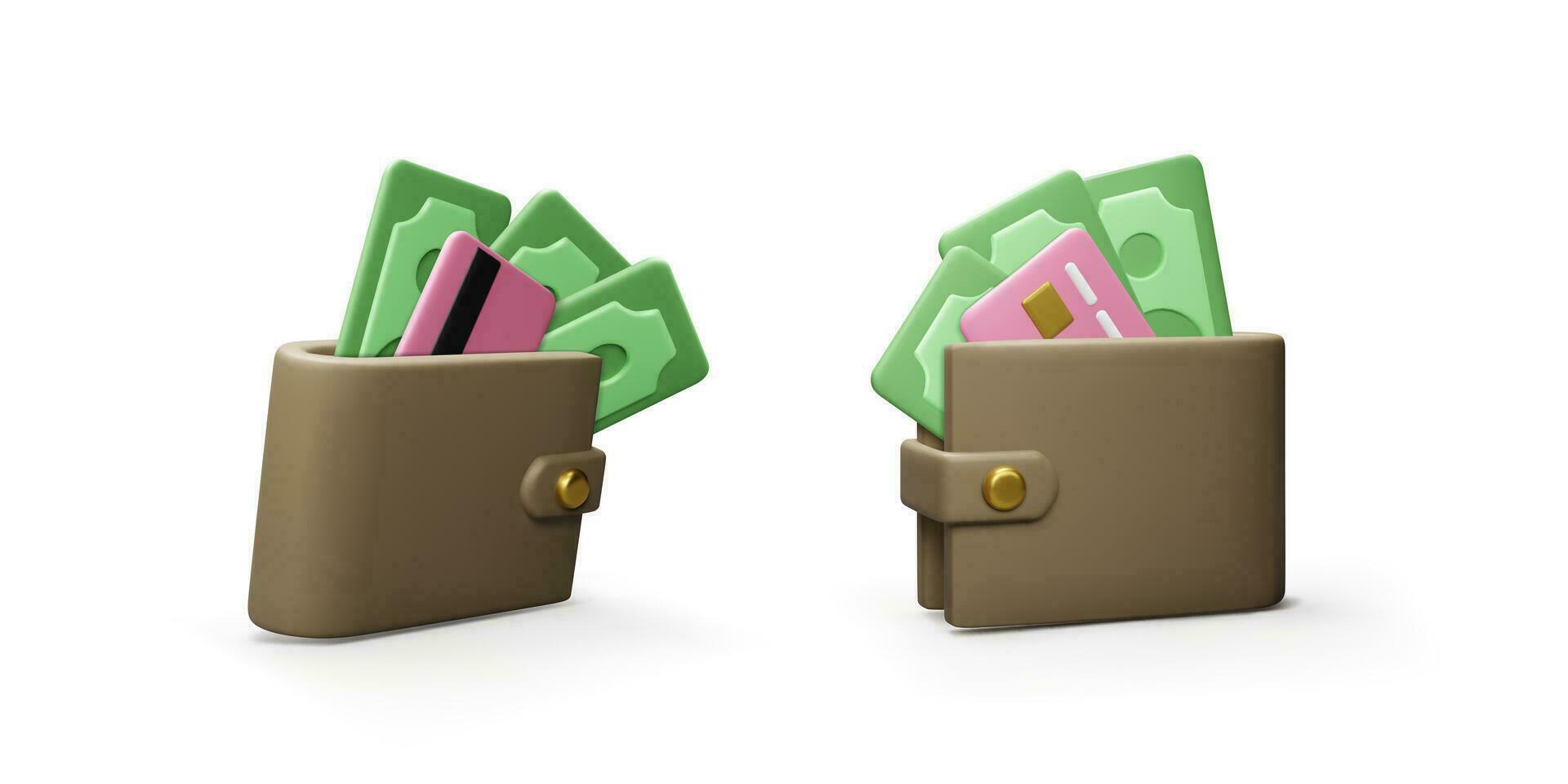 billetera con papel moneda y crédito tarjeta en realista dibujos animados estilo en diferente vista. 3d bolso con verde dólares vector ilustración