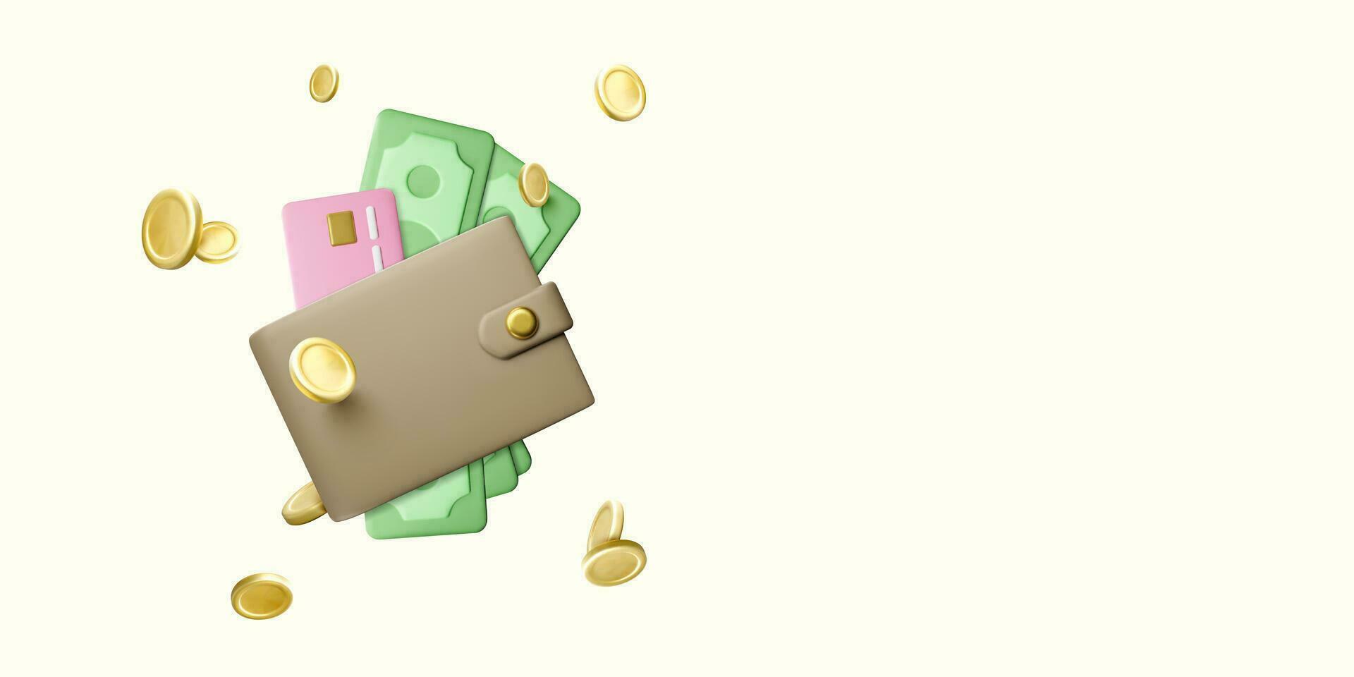 billetera con papel moneda y crédito tarjeta en realista dibujos animados estilo. 3d bolso con verde dolares y volador dinero. vector ilustración