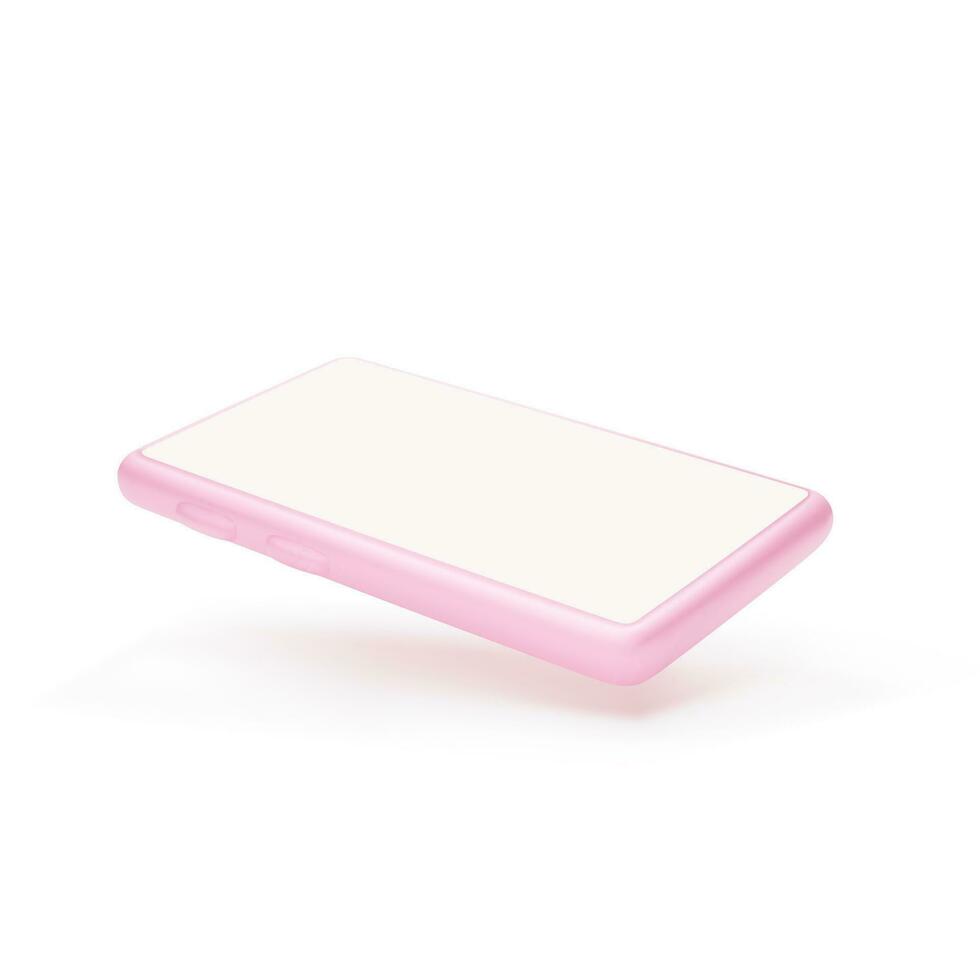 Mobile phone mock-up. 3d telephone pink color. Smartphone with empty screen isolated on white background. Vector illustration