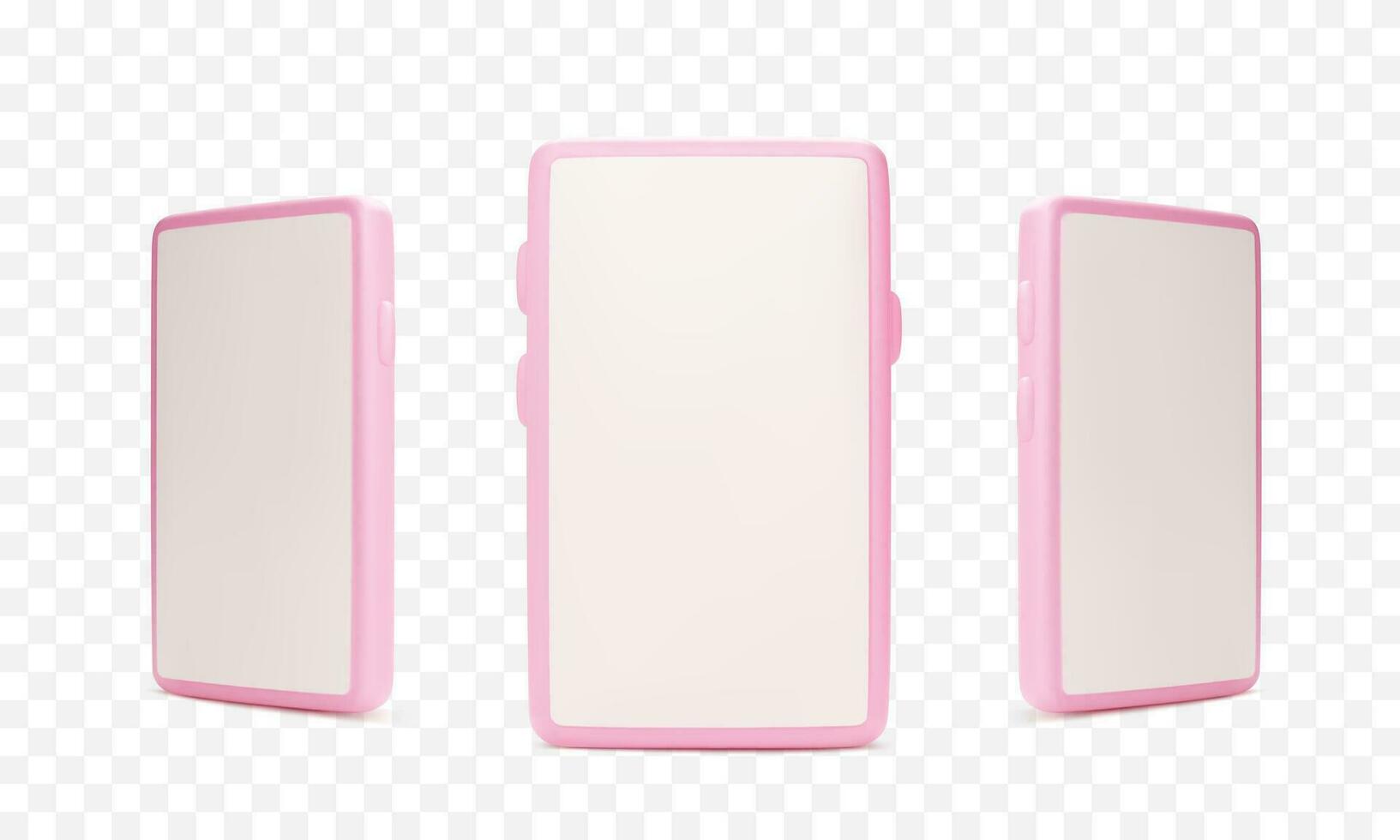 3d render smartphone. Mobile phone realistic mock up. Pink phone template with empty screen. Vector illustration