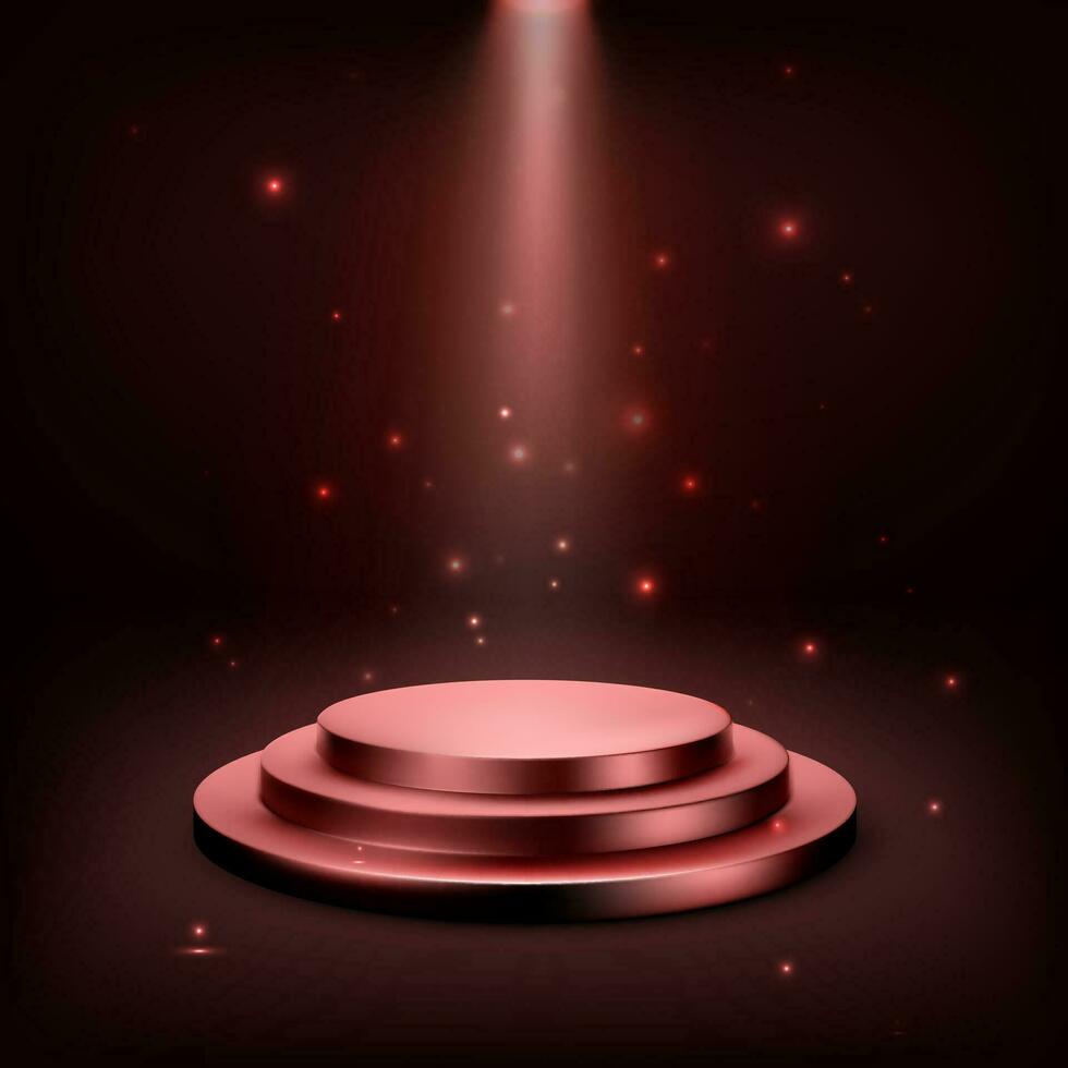 Red round podium illuminated with spotlight. Award ceremony concept. Realistic stage backdrop with bright sparkles. Vector illustration