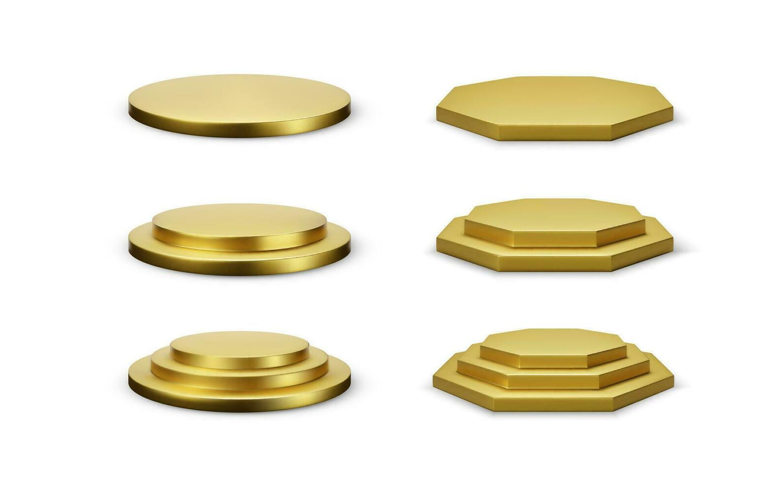 Set of round and hexagonal gold podium platform. Empty stage with different levels. Vector illustration