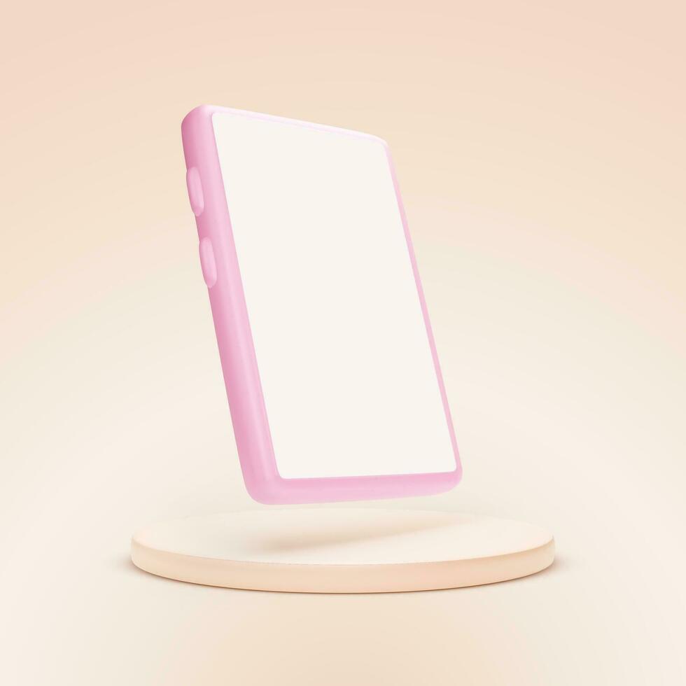 Pink smartphone on platform. 3d mobile phone template with empty screen. Pink studio background. Vector illustration