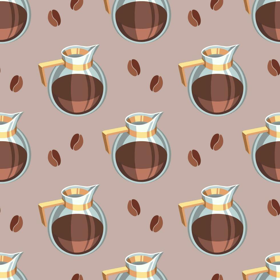 Seamless pattern, glass jugs with coffee and coffee beans on a brown background. Background, drinks, vector