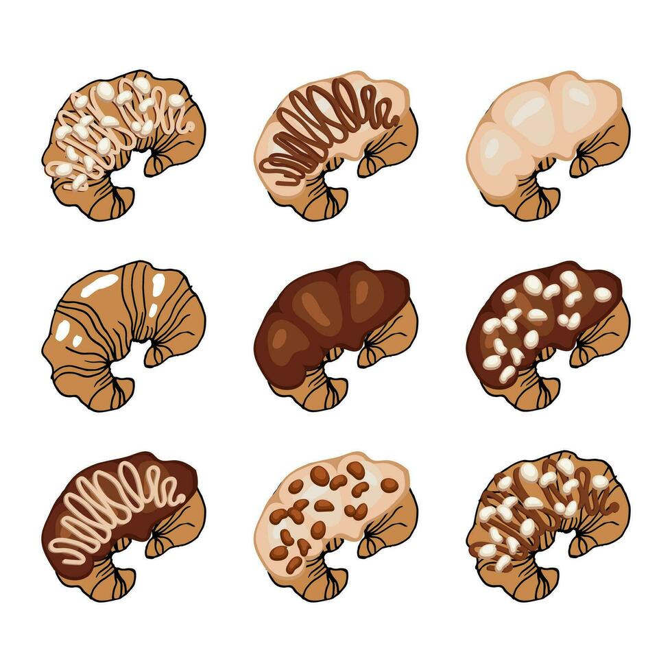 francés cruasanes, colocar. diferente croissants con crema, chocolate y nueces. comida ilustración, vector