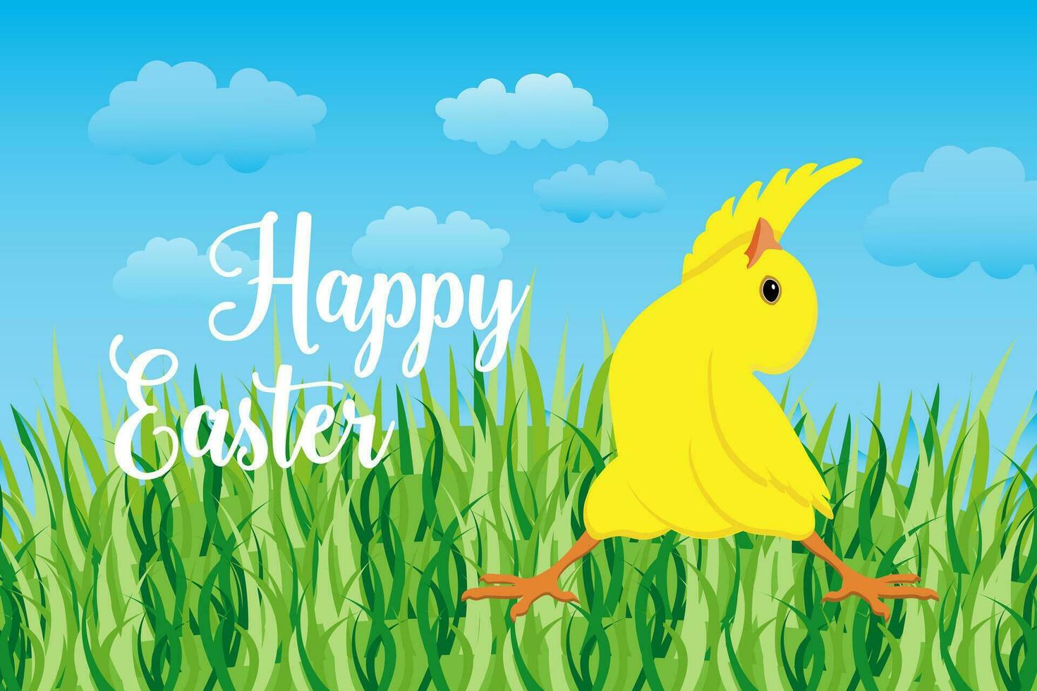 Cheerful chicken in a yoga pose on a spring landscape with sky and clouds. Happy easter children's card, illustration, vector. vector