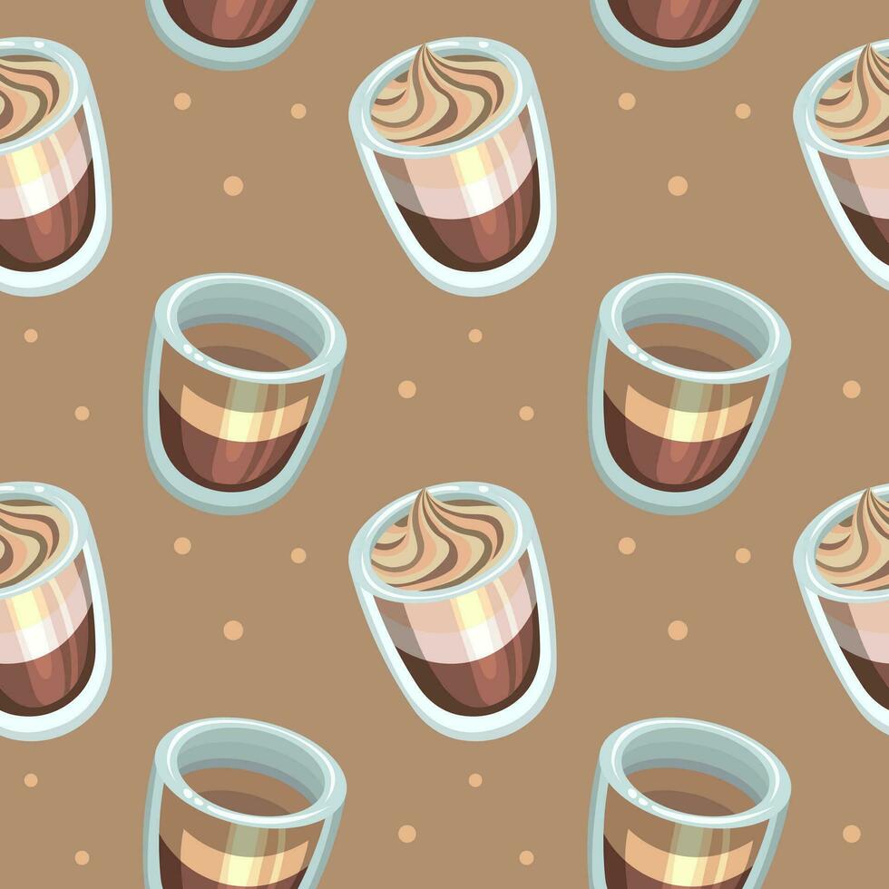 Seamless pattern, glasses with coffee and milkshakes on a beige background. Background, drinks, vector