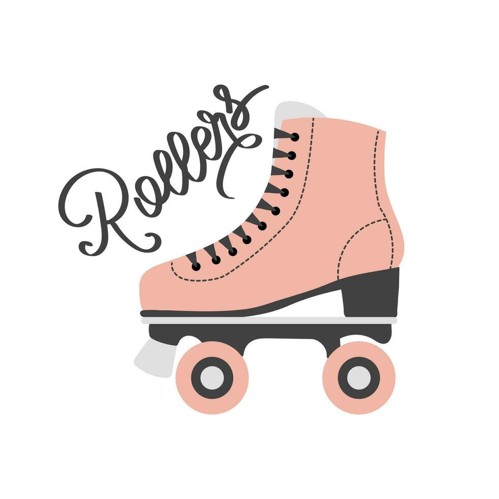 Pink roller skates and lettering. Retro icon, illustration in flat cartoon style. Vector