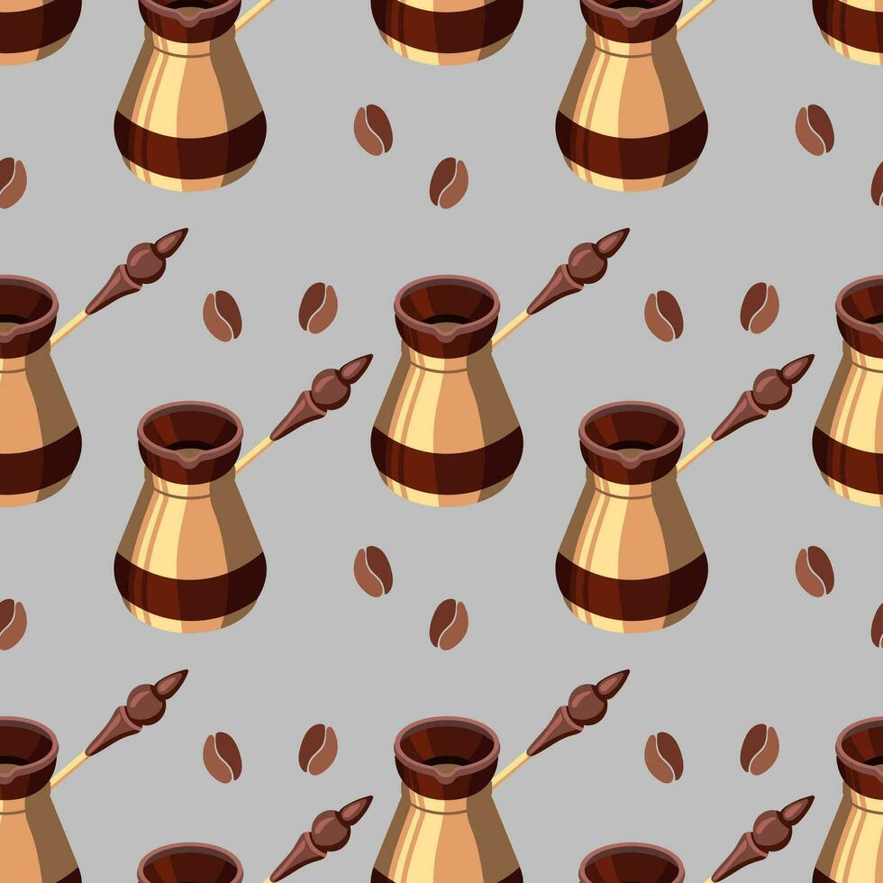 Seamless pattern, copper coffee turks and coffee beans on a beige background. Background, drinks, vector