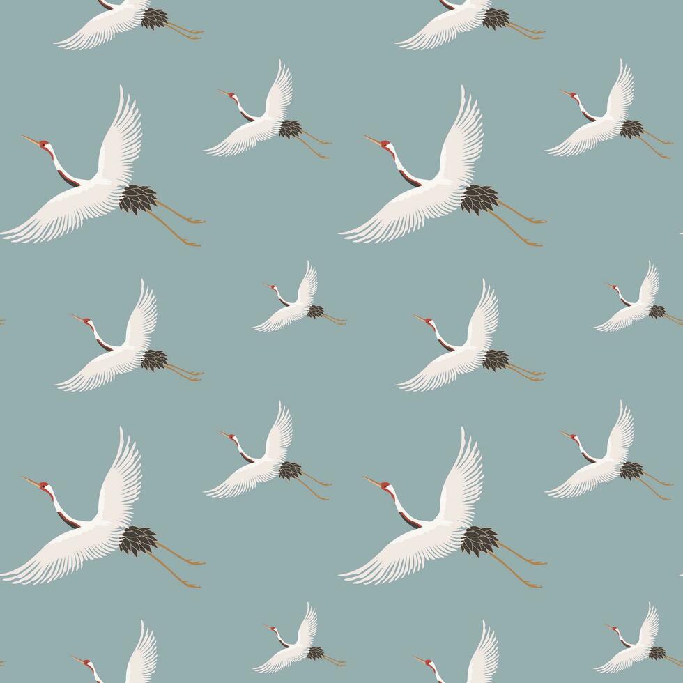 Seamless pattern, white flying cranes on a blue background. Background, textile, wallpaper, vector