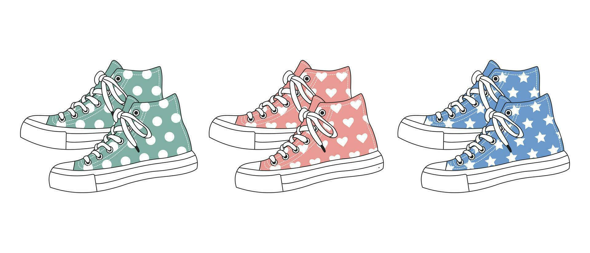 conjunto de Deportes zapatillas. retro iconos, ilustración en plano dibujos animados estilo. de los hombres y De las mujeres zapatos. vector