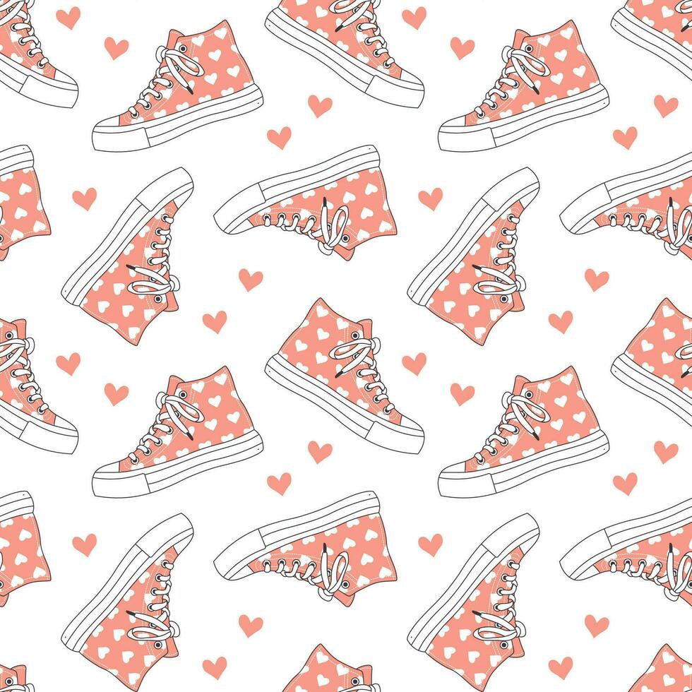 Seamless pattern with cute retro sports sneakers. Vintage texture for textile, wrapping paper. Cartoon background. Vector