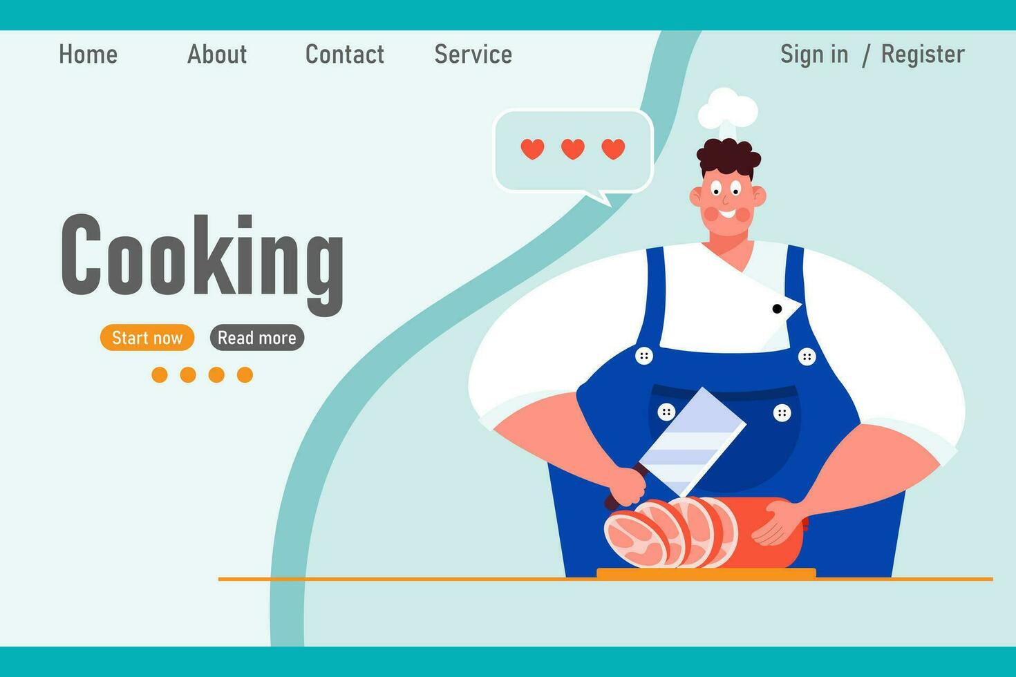 The cook prepares the meat. Web banner, landing page for online cooking lessons. Cartoon illustration, vector