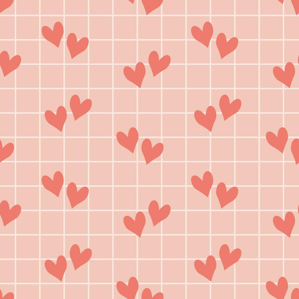 Seamless pattern with small hearts on a checkered background. The pink background for the day of St. Valentine, the Day of Lovers. Vector
