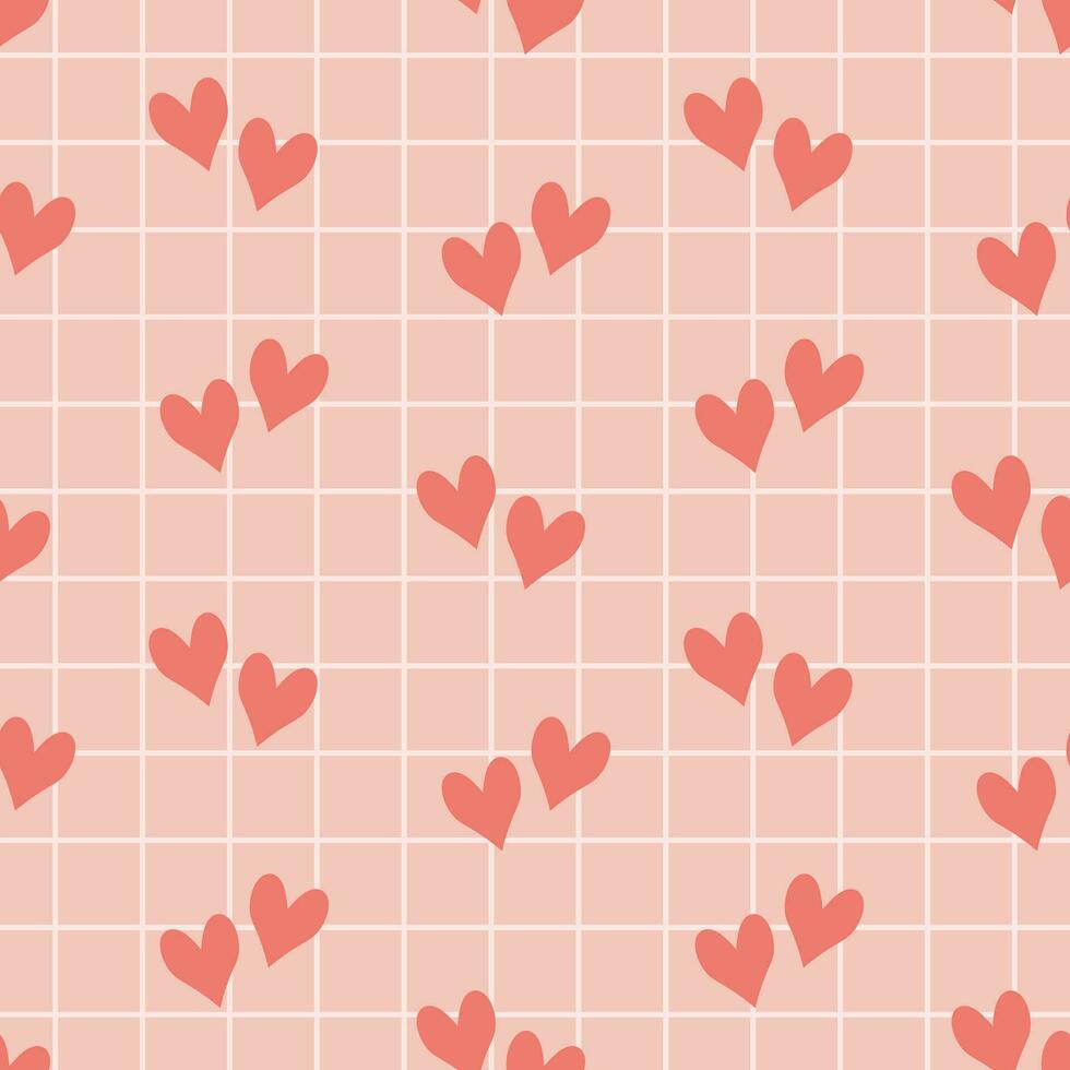 Seamless pattern with small hearts on a checkered background. The pink background for the day of St. Valentine, the Day of Lovers. Vector