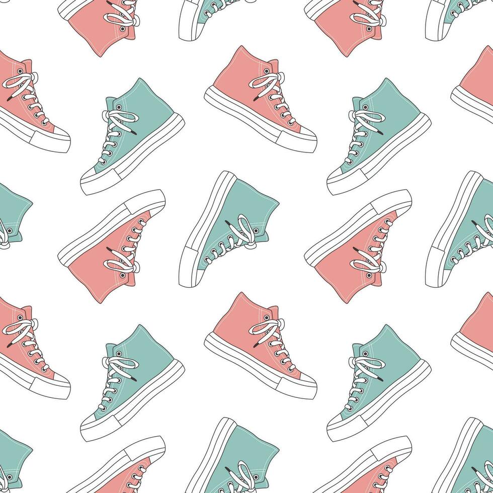 Seamless pattern with cute retro sports sneakers. Vintage texture for textile, wrapping paper. Cartoon background. Vector
