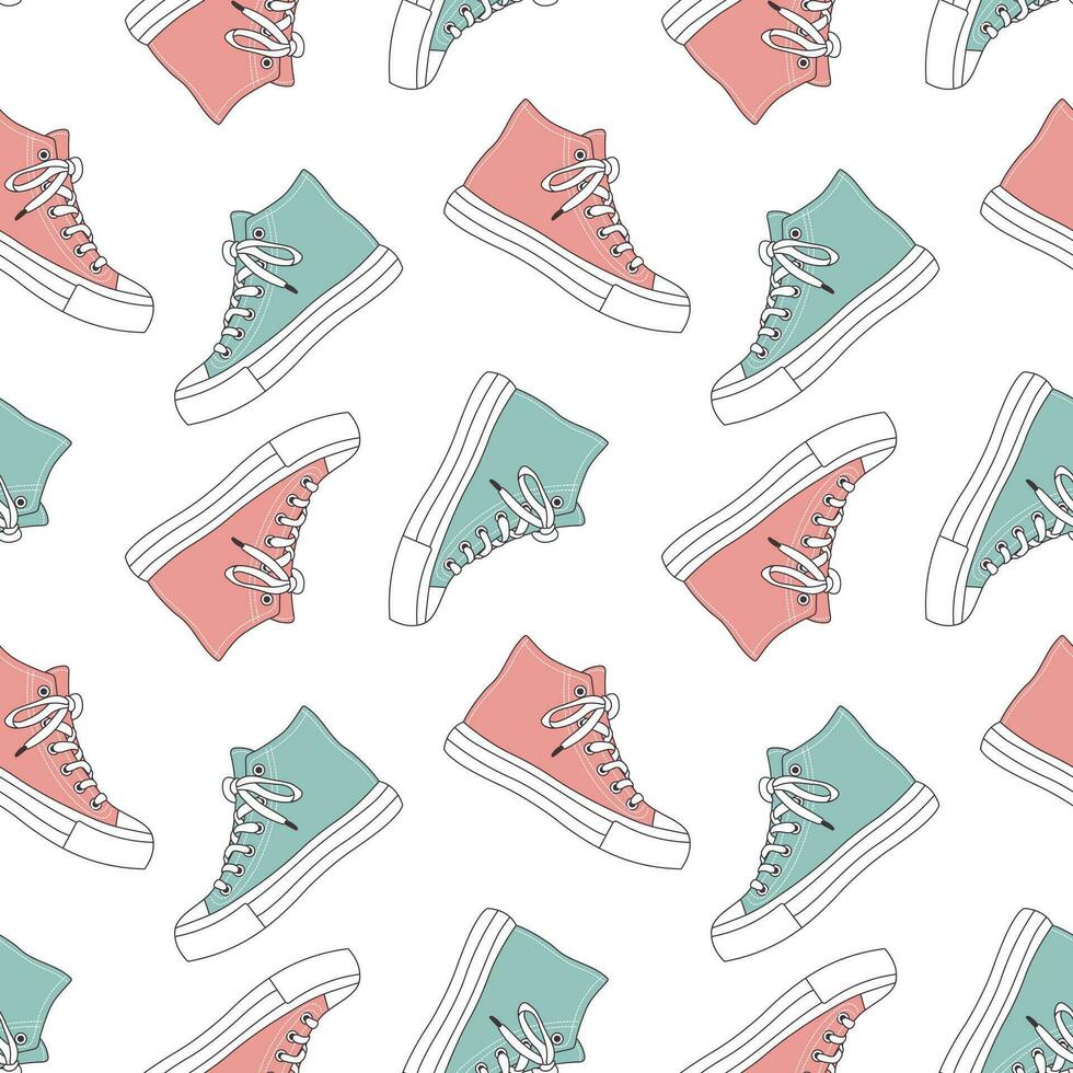 Seamless pattern with cute retro sports sneakers. Vintage texture for textile, wrapping paper. Cartoon background. Vector