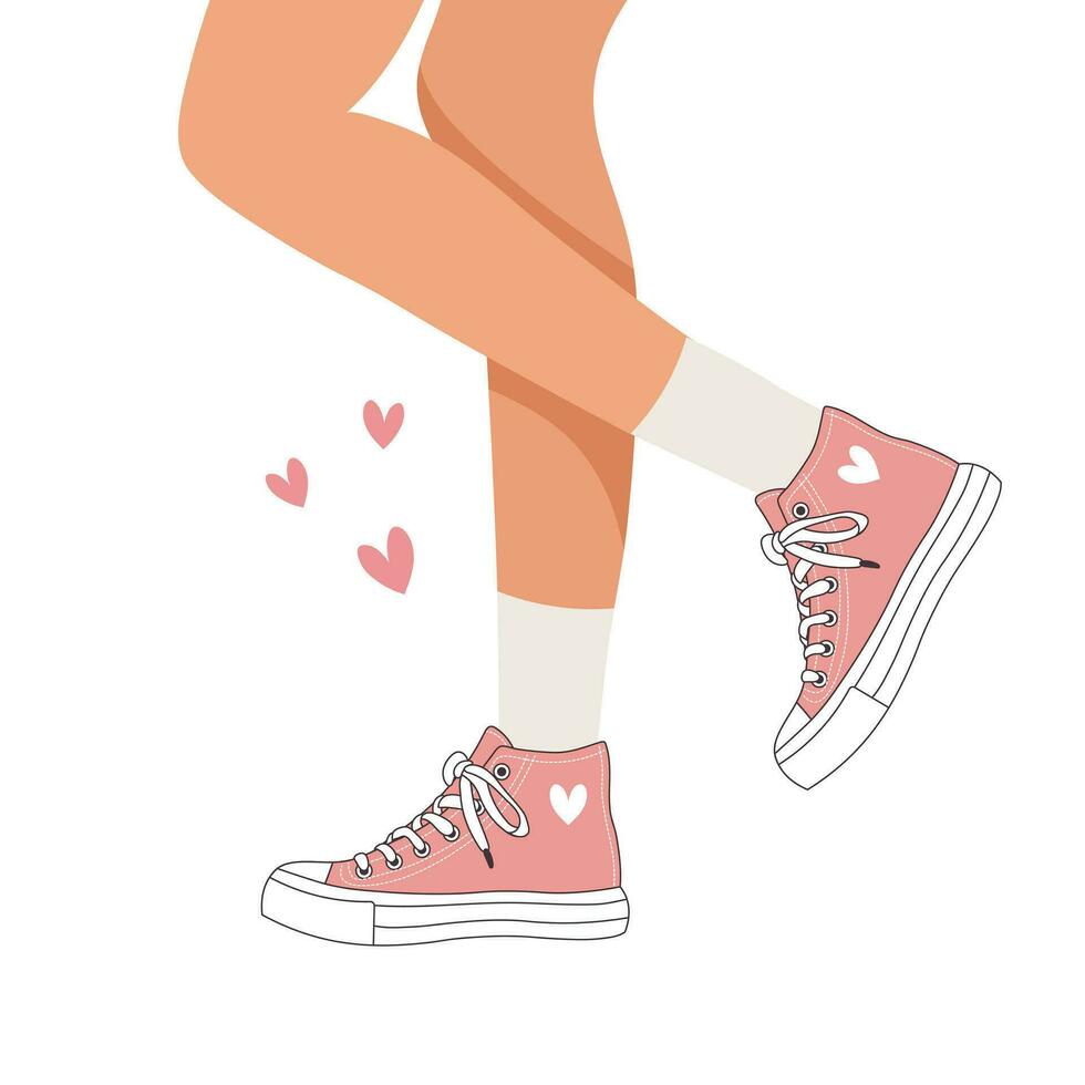 Legs of a girl in sports sneakers. Woman in retro sports shoes. Retro illustration in flat style. Vector