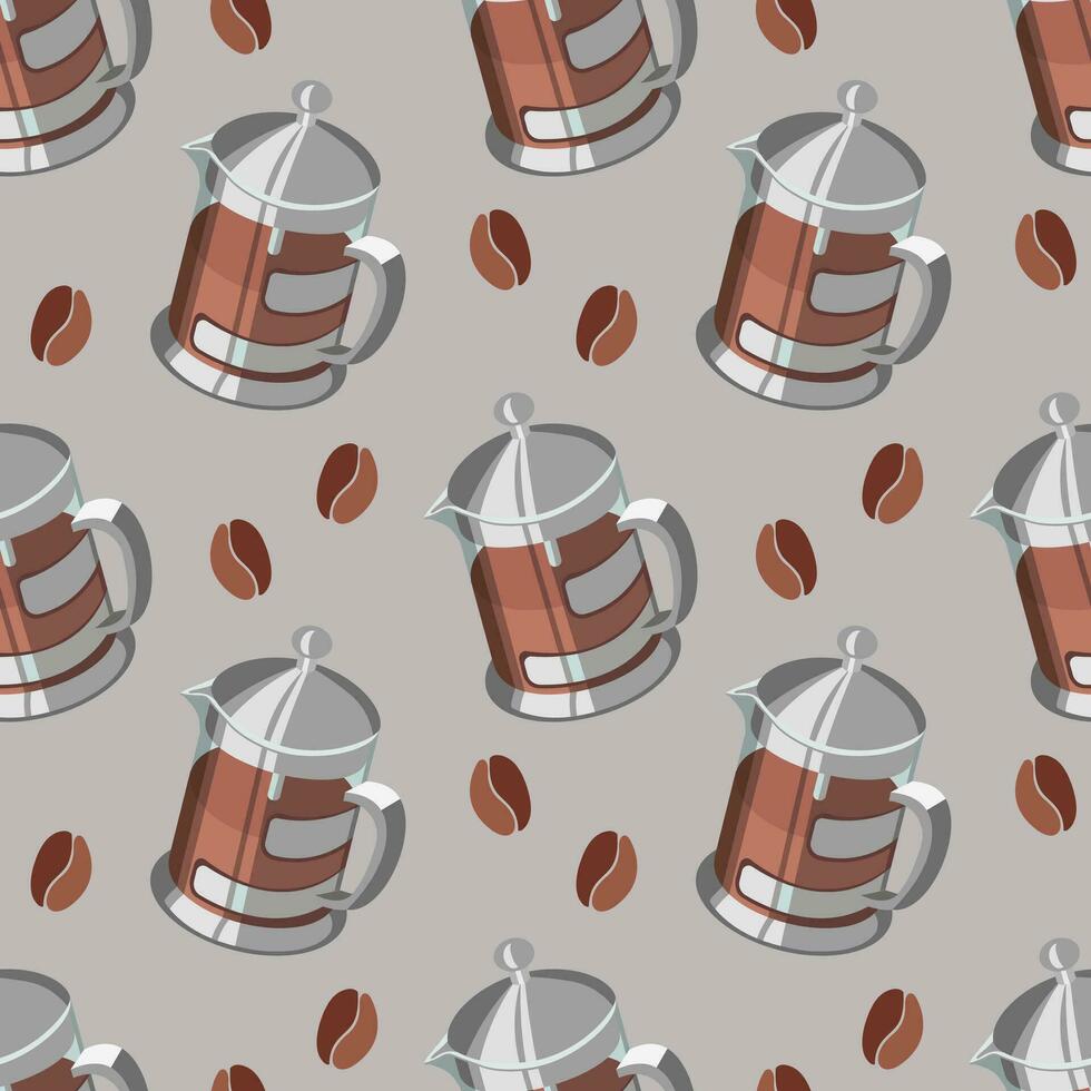 Seamless pattern, glass jugs with coffee and coffee beans on a brown background. Background, drinks, vector