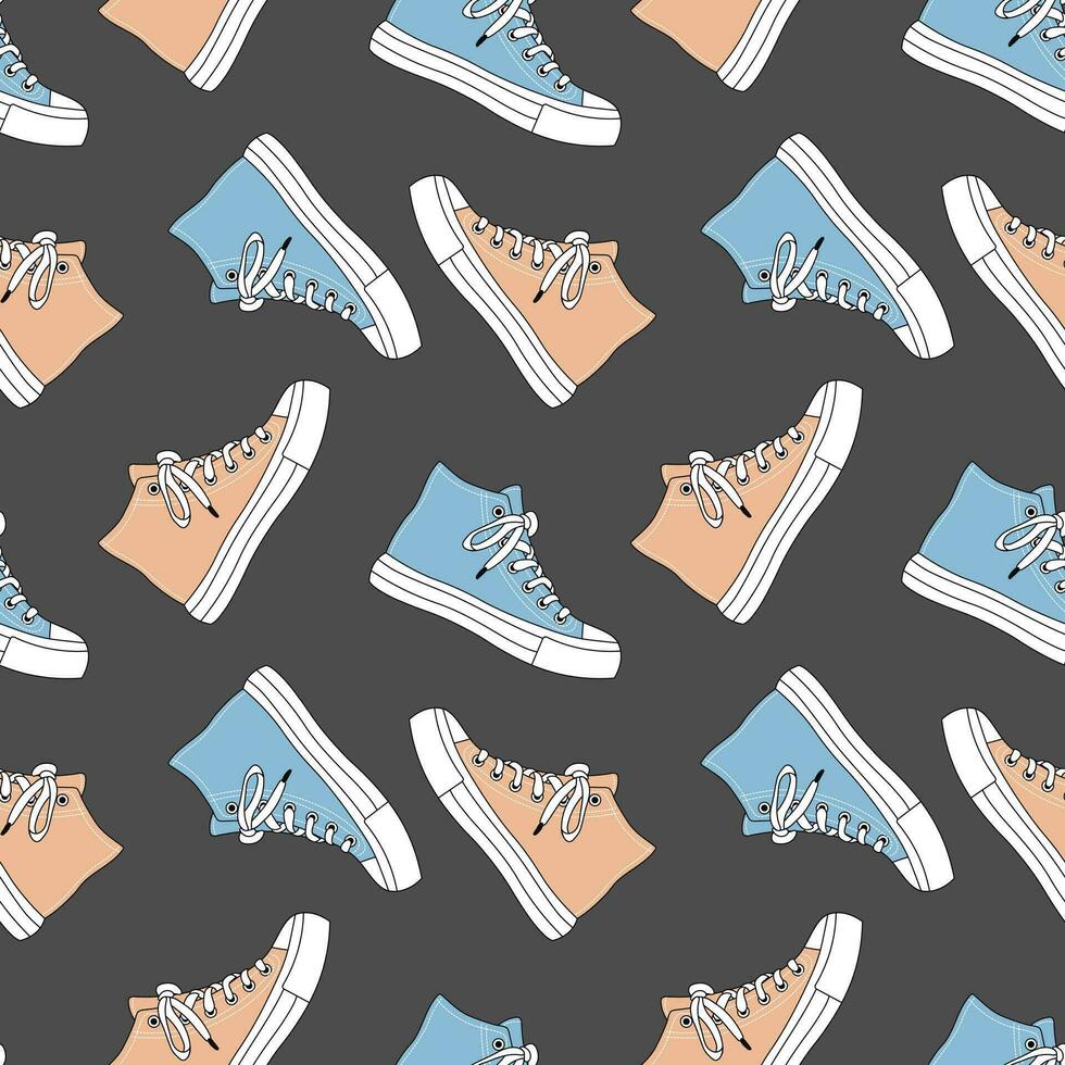 Seamless pattern with cute retro sports sneakers. Vintage texture for textile, wrapping paper. Cartoon background. Vector