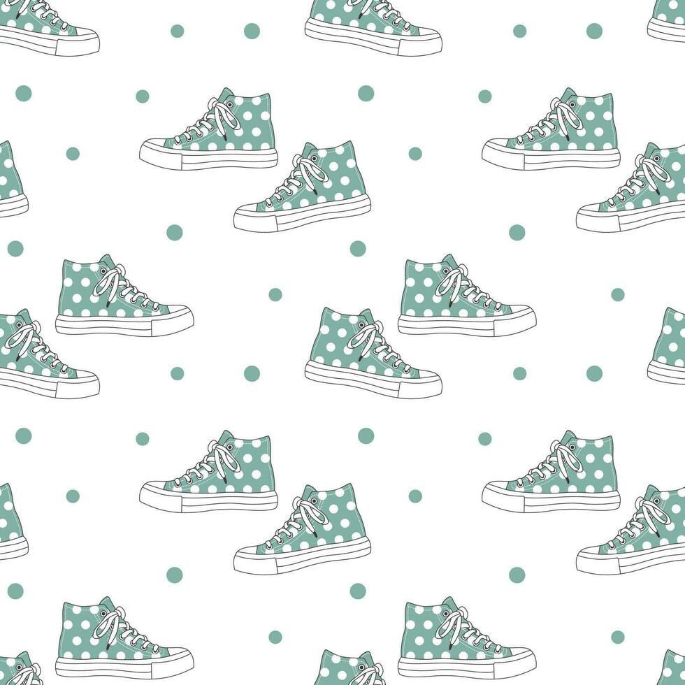 Seamless pattern with cute retro sports sneakers. Vintage texture for textile, wrapping paper. Cartoon background. Vector