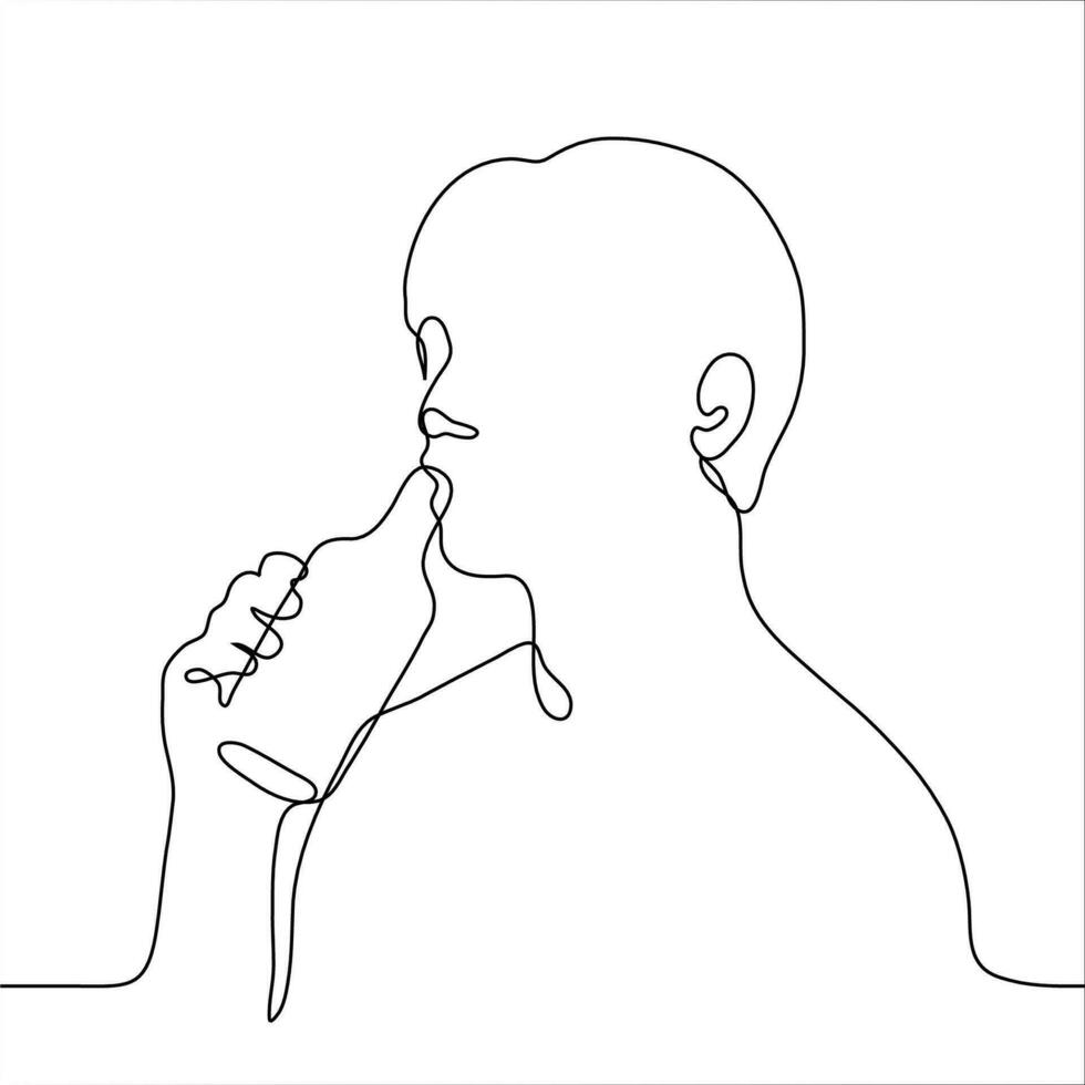 man drinks from the bottle. one line drawing of a man drinking straight from the throat of a bottle vector