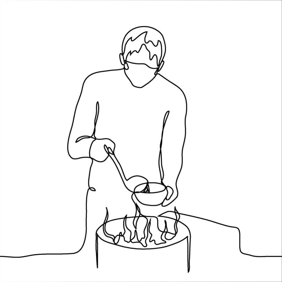 man in a mask pours soup into a plate. one line drawing of a male chef, waiter or volunteer handing out hot food. charity in the midst of a pandemic. food service worker vector