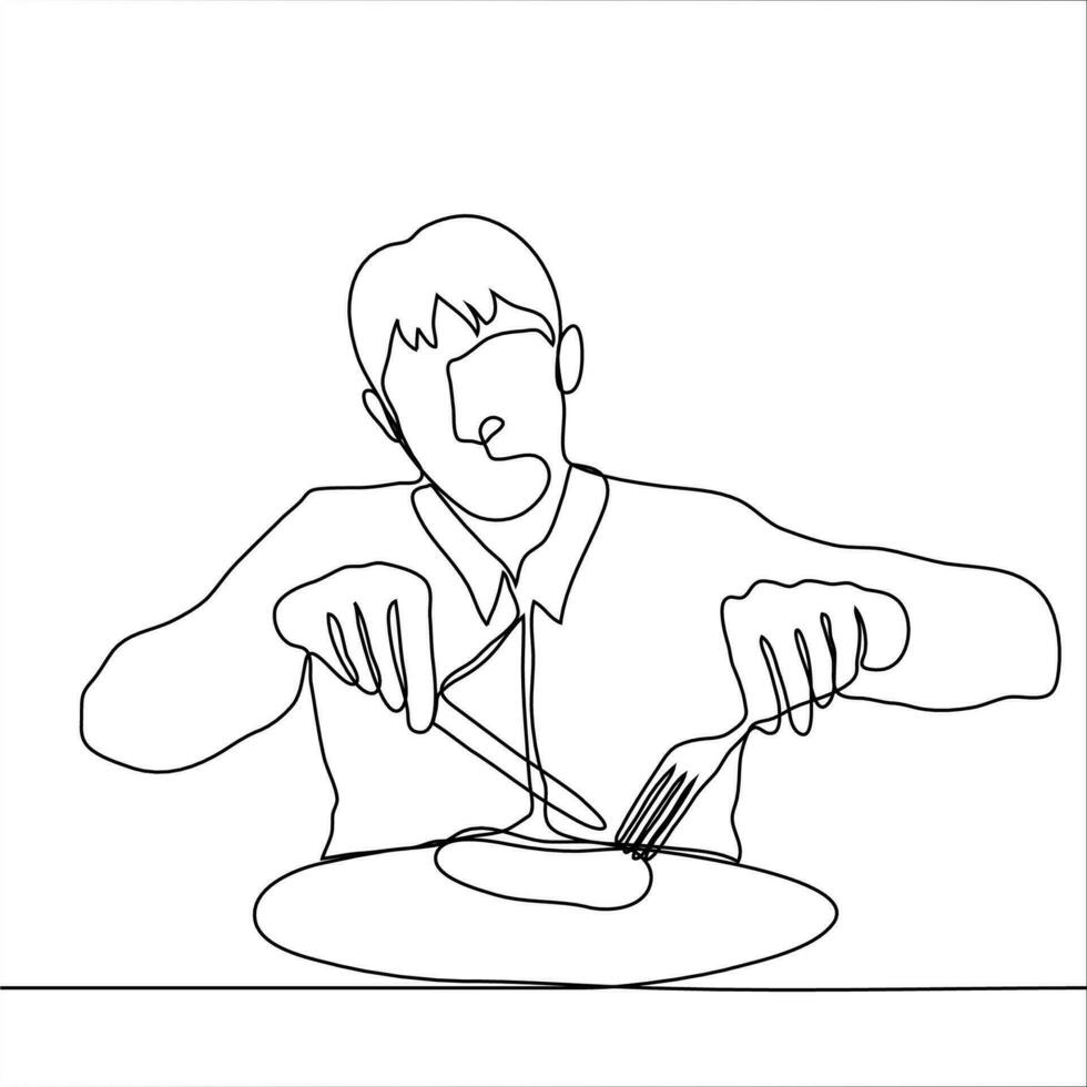 hombre cortes un filete. uno línea dibujo un hombre en un camisa se sienta a un grande plato en cuales un cortar, él cortes eso con un tenedor y cuchillo. concepto de un hombre en un restaurante comiendo carne vector