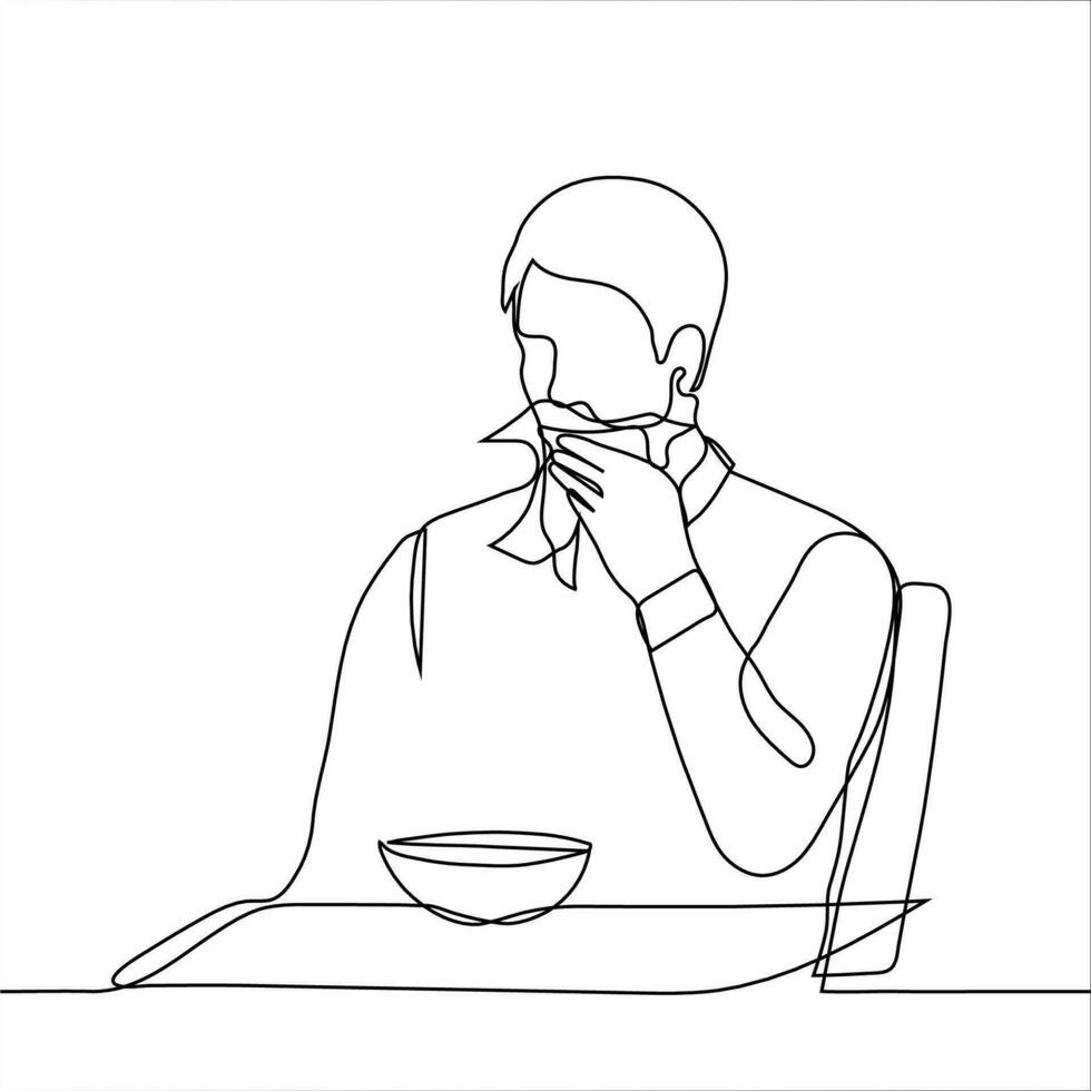 man wipes his mouth with a tissue after eating - one line drawing. a man sits at a table over a round deep plate and wipes his face with a kitchen napkin vector