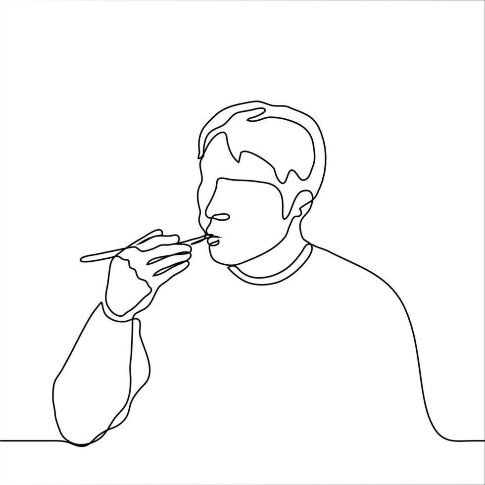 hombre comiendo con palillos. uno línea dibujo concepto de comiendo asiático alimento. comer con palillos vector