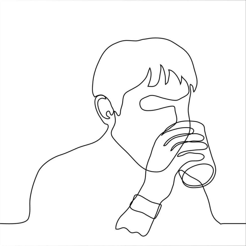 retrato de un hombre quien bebidas líquido desde un vaso. uno línea dibujo concepto de sed, reposición de olor balance, bebida agua o tomar medicina vector
