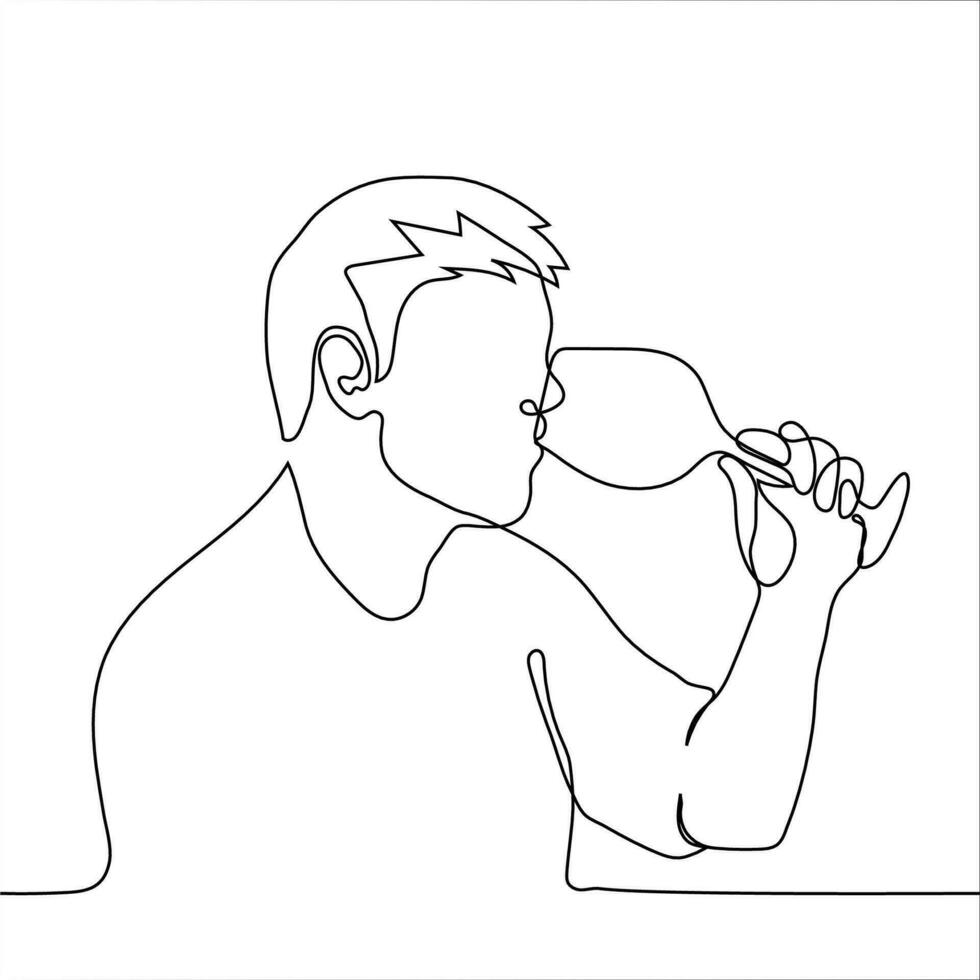 hombre Bebiendo vino desde un vaso - uno línea dibujo vector. perfil de un hombre con un vaso en su manos bebiendo un beber. sumiller, vino gastrónomo, alcohólico concepto vector