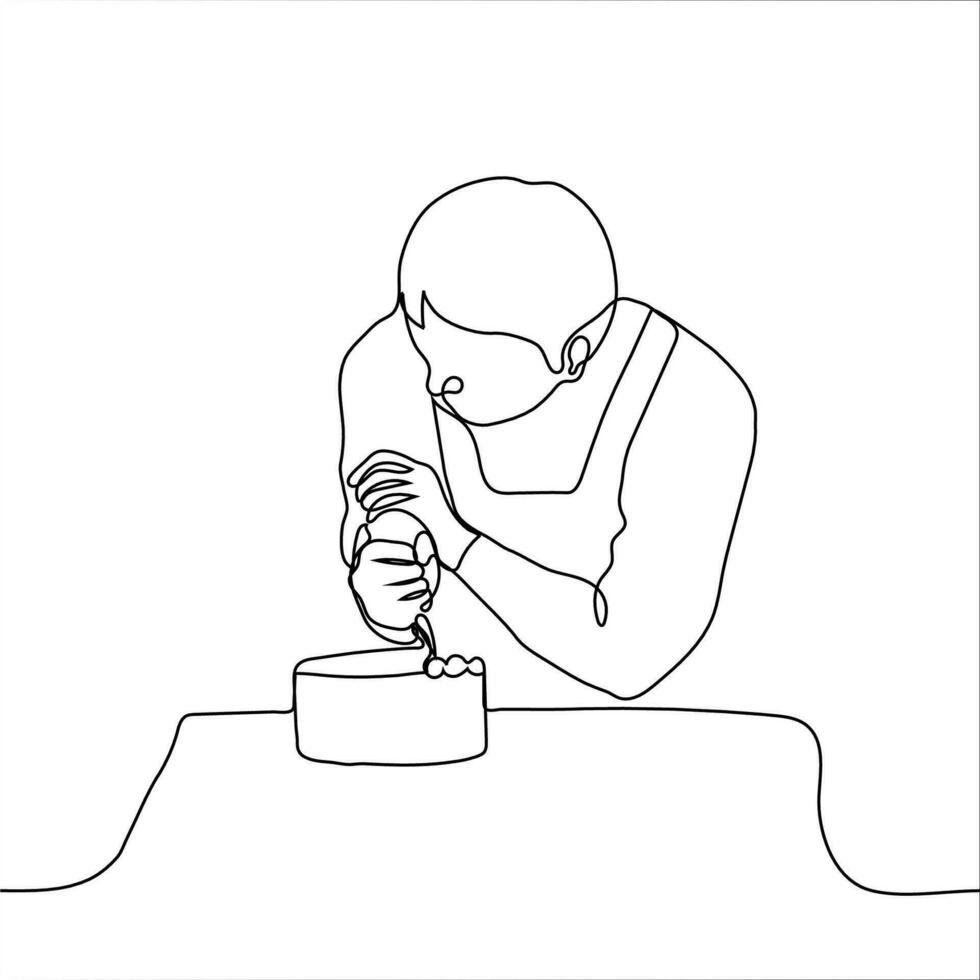 pastry chef decorates cake with cream - one line drawing. a man in an apron bent over a round cake with a pastry bag, he squeezes out the cream on the birthday cake vector