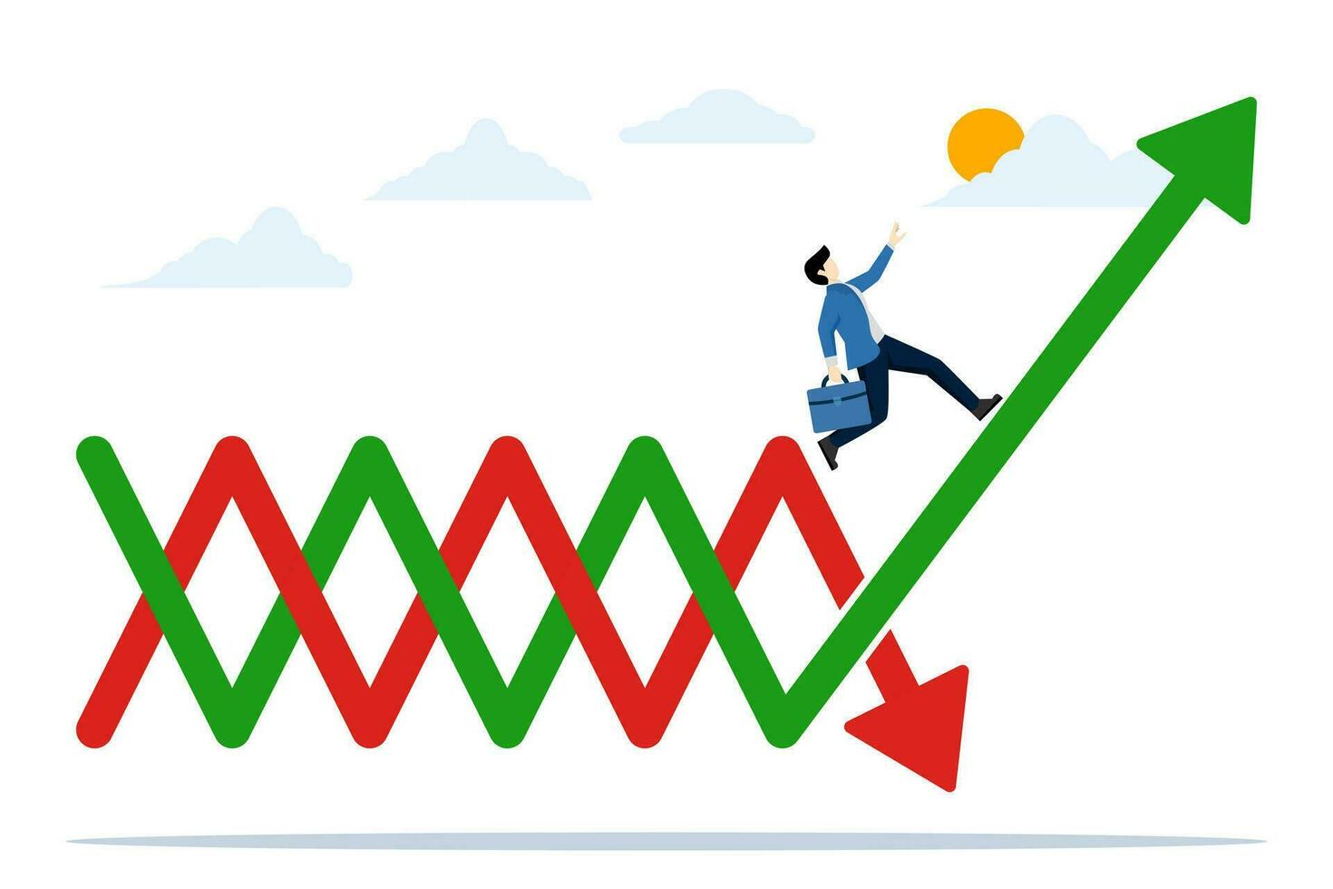 concept of change from falling to rising. entrepreneurial investor jumps from red arrow to green upward arrow, stock market uncertainty, economic improvement and investment or recovery from crisis. vector