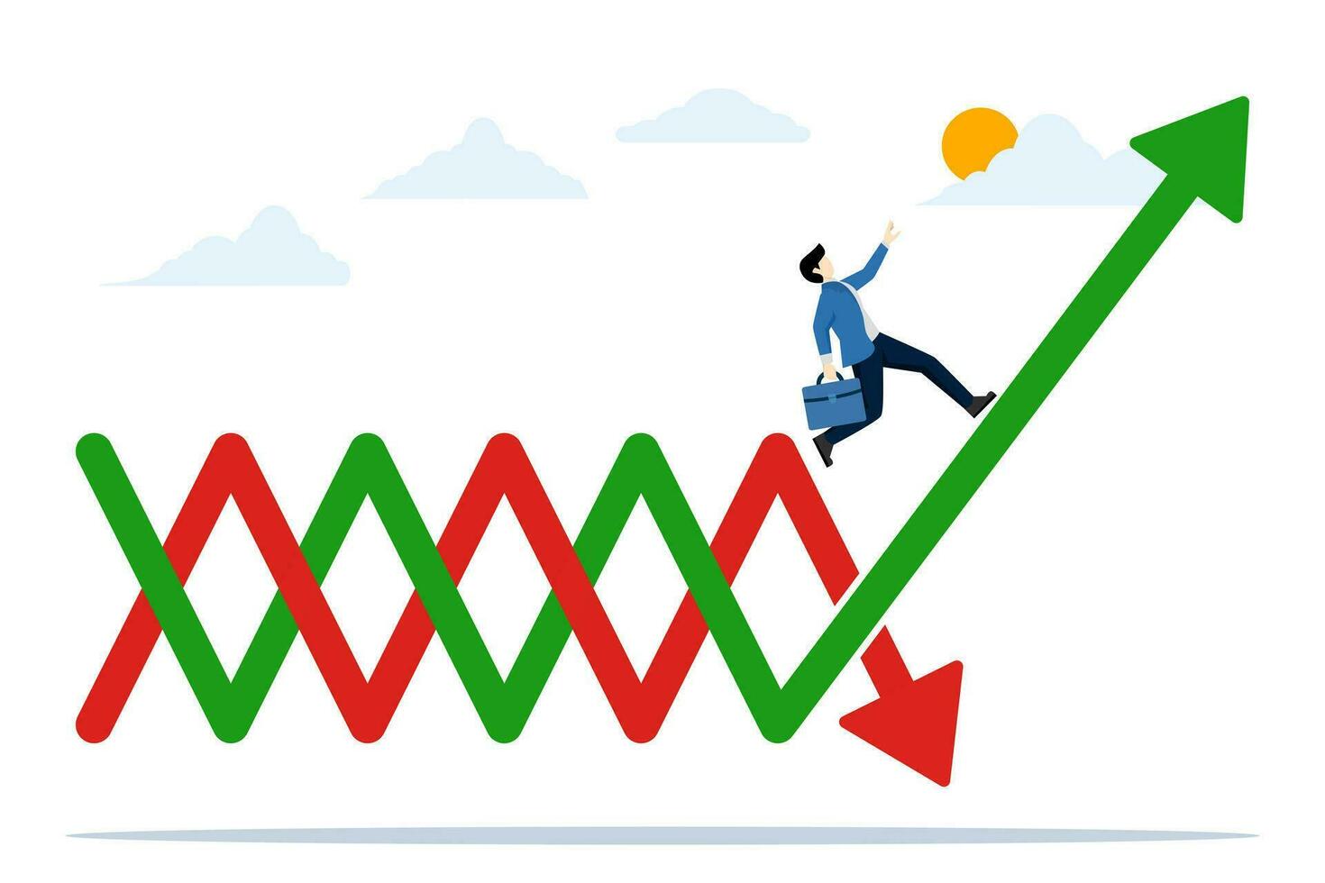 concepto de cambio desde que cae a creciente. de emprendedor inversor saltos desde rojo flecha a verde hacia arriba flecha, valores mercado incertidumbre, económico mejora y inversión o recuperación desde crisis. vector