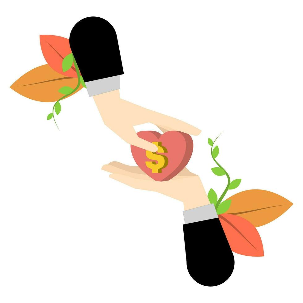 Concept of Social Care and Charity. hand with heart as a symbol of donation or charity activity. Collecting Donations of Food, Various Toys and Clothes. flat vector illustration on white background.