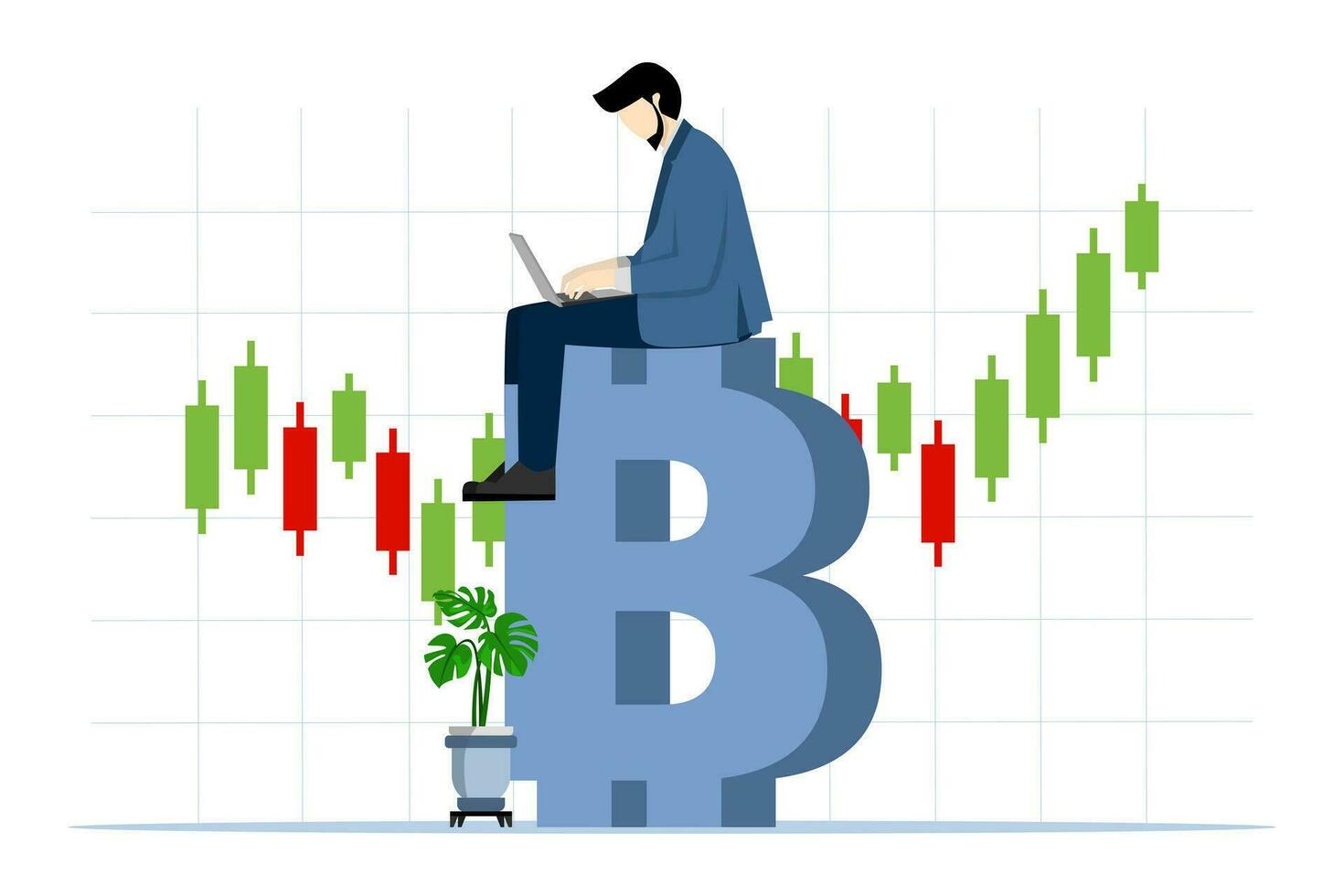 businessman investor using computer to trade crypto in large Bitcoin with candlestick price charts, Bitcoin and cryptocurrency investment, crypto trading generate profits and income from Bitcoin price vector