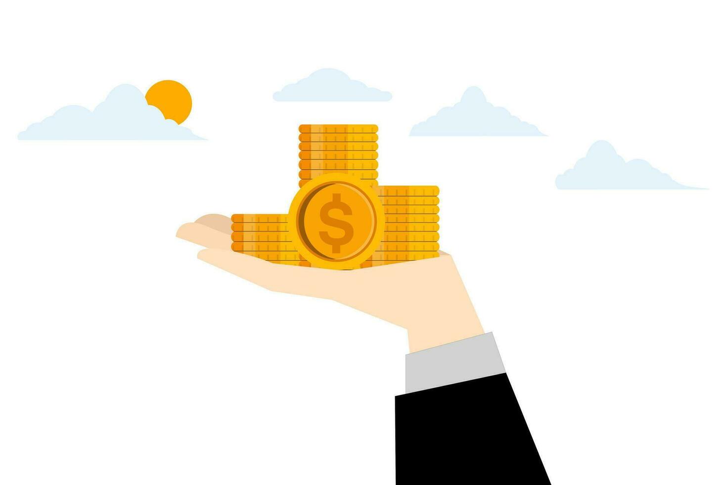 money holding gesture concept, Hand Holding Money business character, receiving coins and banknotes, income income and finance. flat vector illustration on white background.