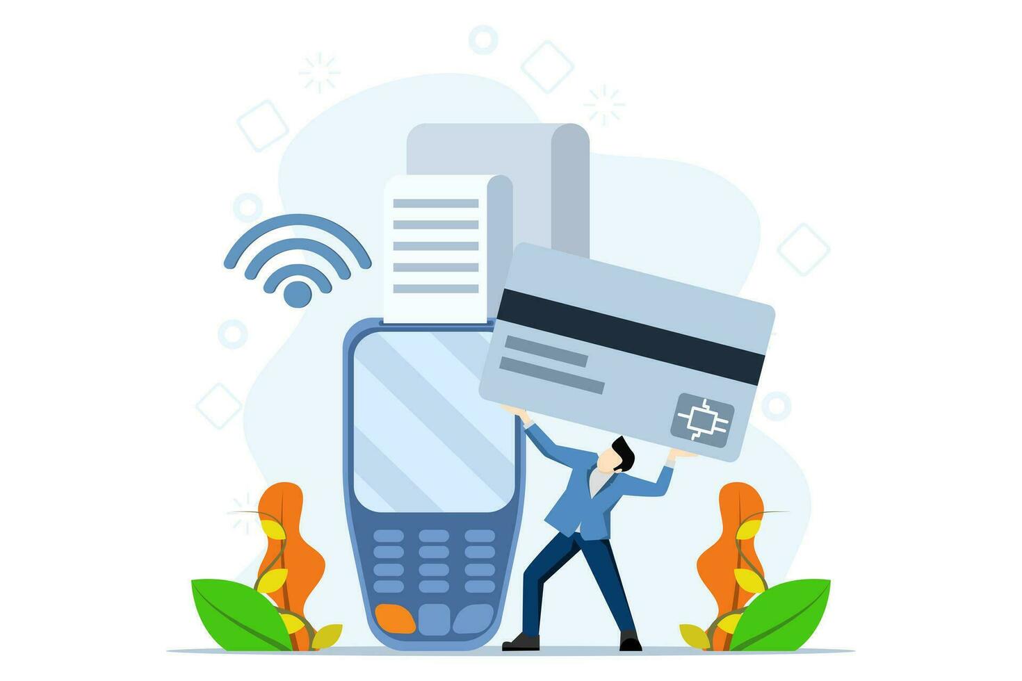 Cash and electronic payment concept. online payment method via electronic bank transfer. Character paying with credit card, cash with banknotes, Flat Vector illustration.