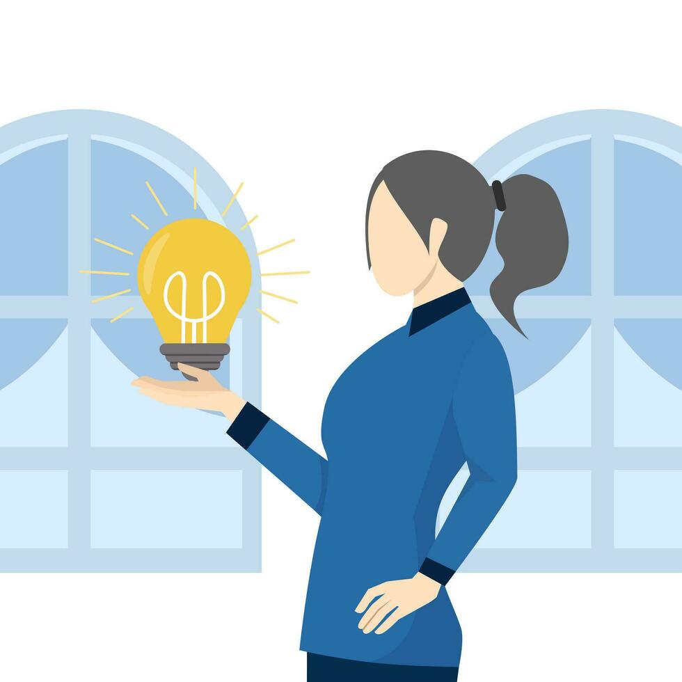 skill or professional concept to solve a problem, businesswoman who got a new idea with a light bulb in her hand. Entrepreneurial thinking idea, solution or strategy planning, career or job. vector