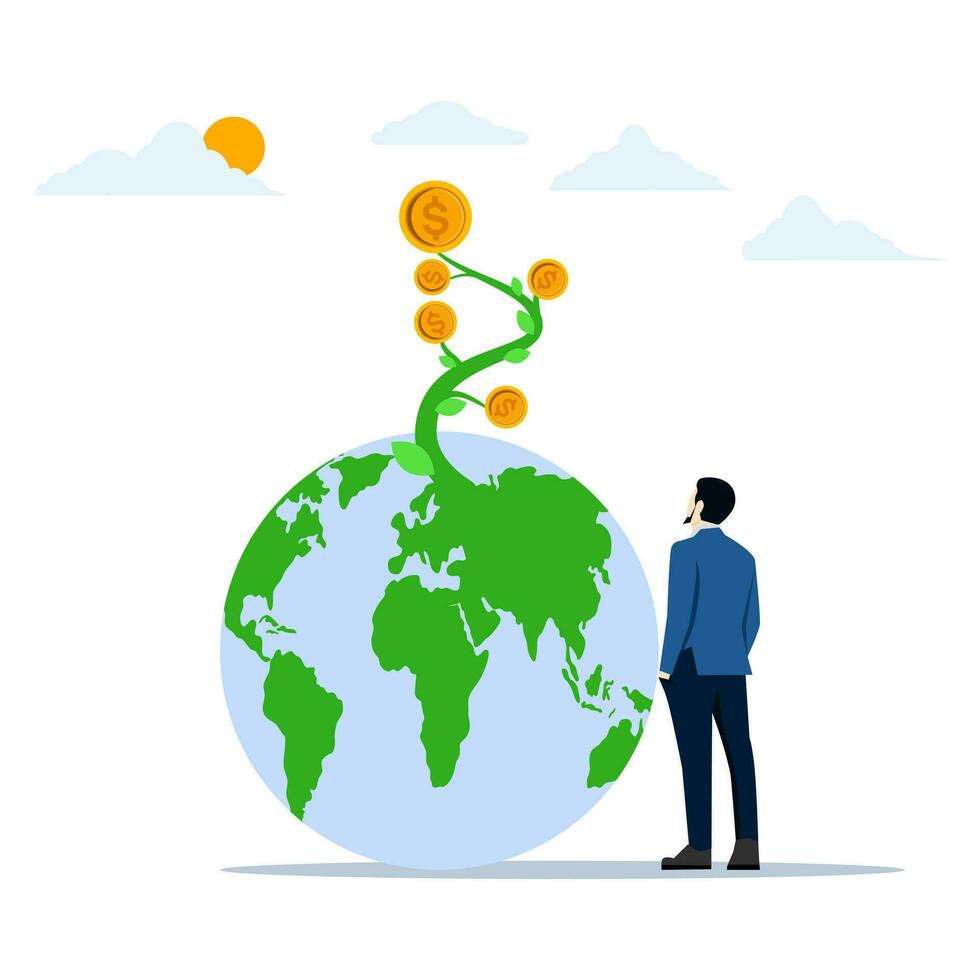 concept of global investment opportunities, world stock mutual funds, Businessman looking at the world to achieve harvest. international or world company profit growth. flat vector illustration.