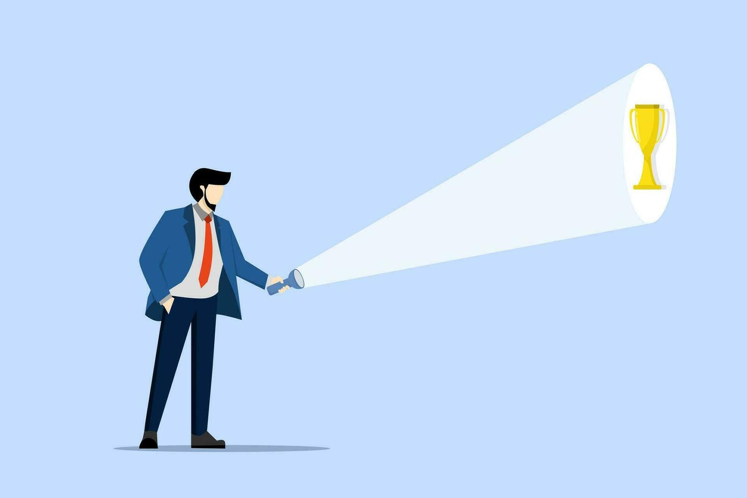 Concept of help and guidance to discover potential and achieve achievements, businessman using flashlight to search for trophies of success. employees find career success. flat vector illustration.