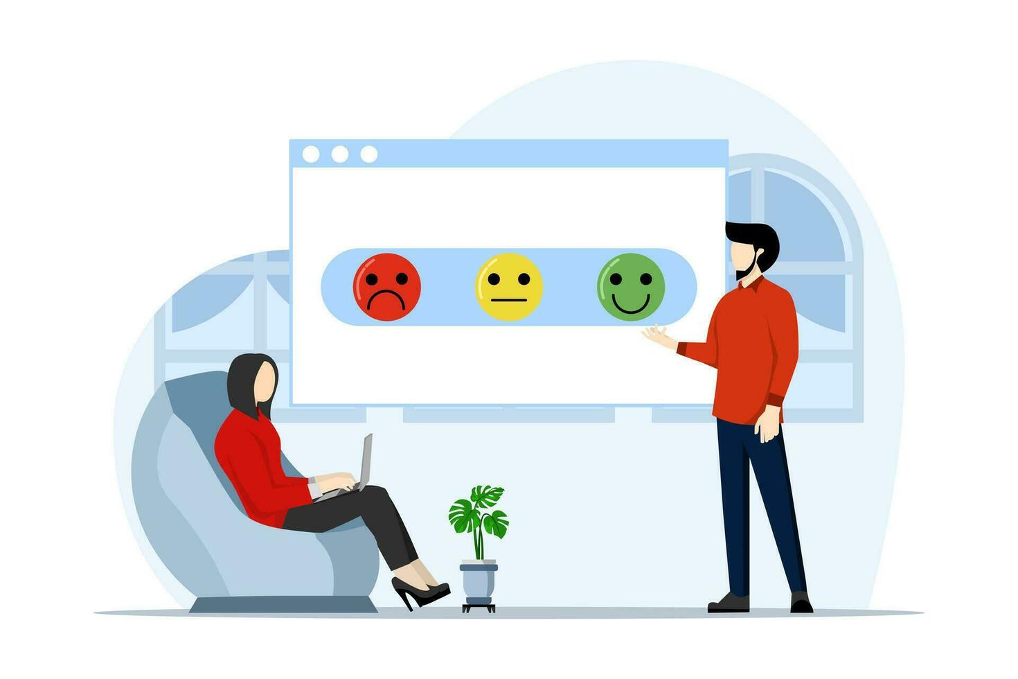 concept of rating scale and customer satisfaction. Feedback and reviews. Characters provide positive responses to helpdesk services. Flat vector illustration on white background.