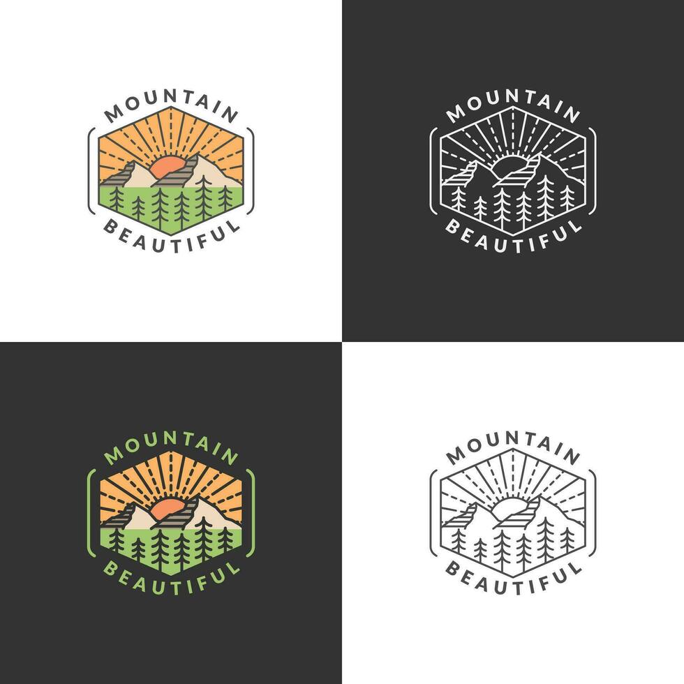 Mountain adventure outdoor badge vector illustration with monoline or line art style