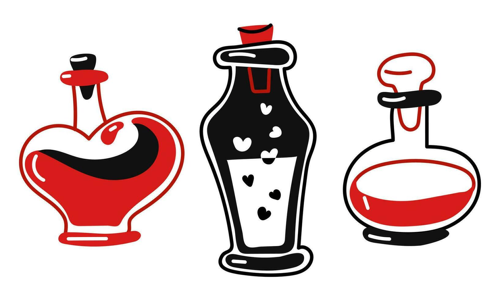 A set of bottles of different shapes with colored love potion for Valentine's Day. Isolated vector doodle illustration in red and black colors. Closed glass bottles with liquid inside for lovers