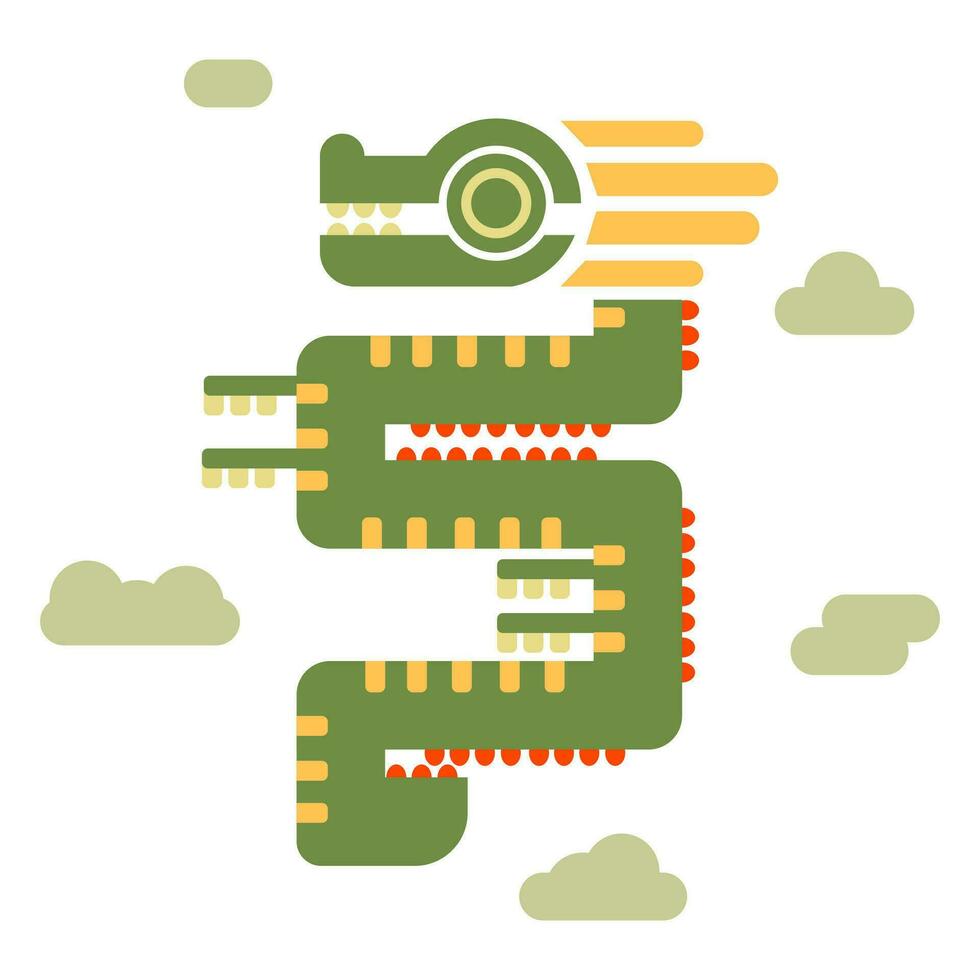 A geometric dragon is writhing in the clouds. Geometric vector illustration in a flat modern style and delicate natural green shades. Oriental flying character on a white background
