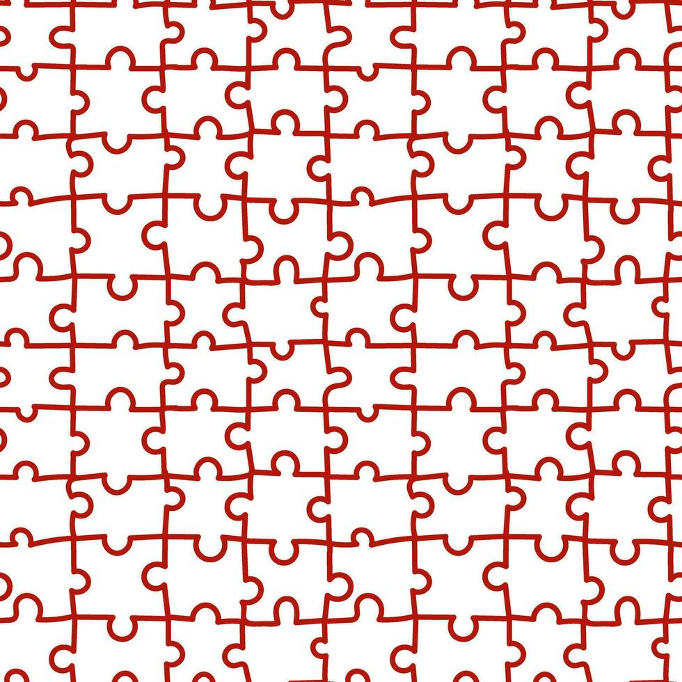 A hand-drawn puzzle pattern with a red outline. Seamless mosaic texture on a white background. An assembled puzzle for Valentine's Day. Flat doodle texture for printing on textiles and paper vector